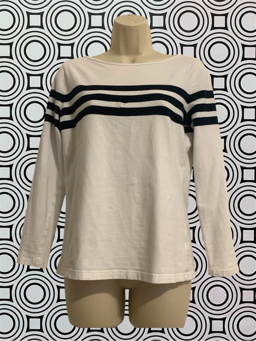 Vtg Ralph Lauren Chaps Boatneck White long Sleeve tee black Stripes on chest M